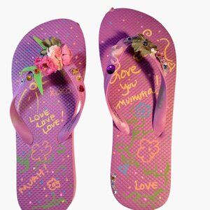 Purple Flip Flops Embellished Flamingo Flower Jewel Love Mumma Womens 8 9
